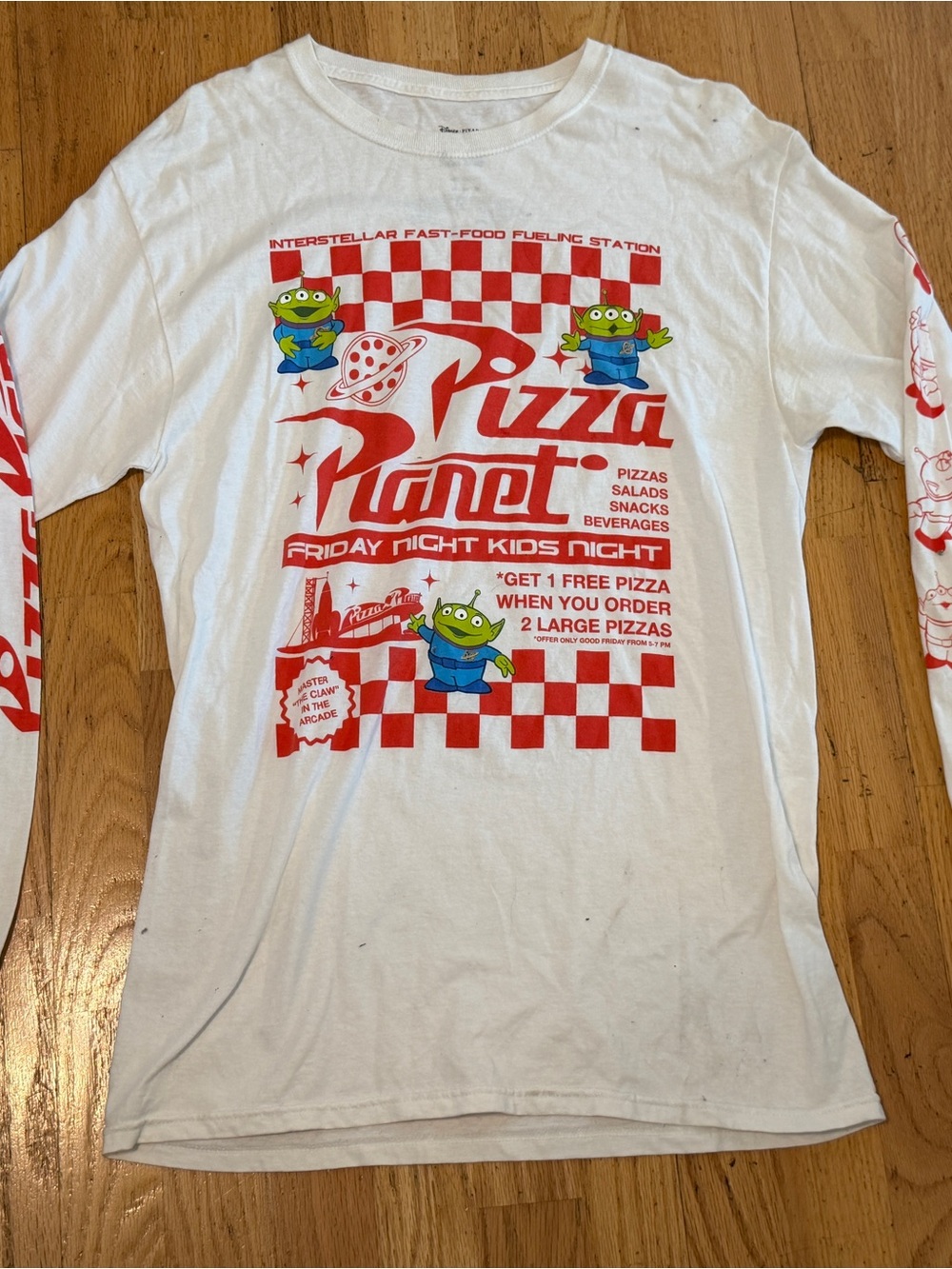 Disney Pixar Toy Story Pizza Planet White Long Sleeve T-Shirt Adult Size M